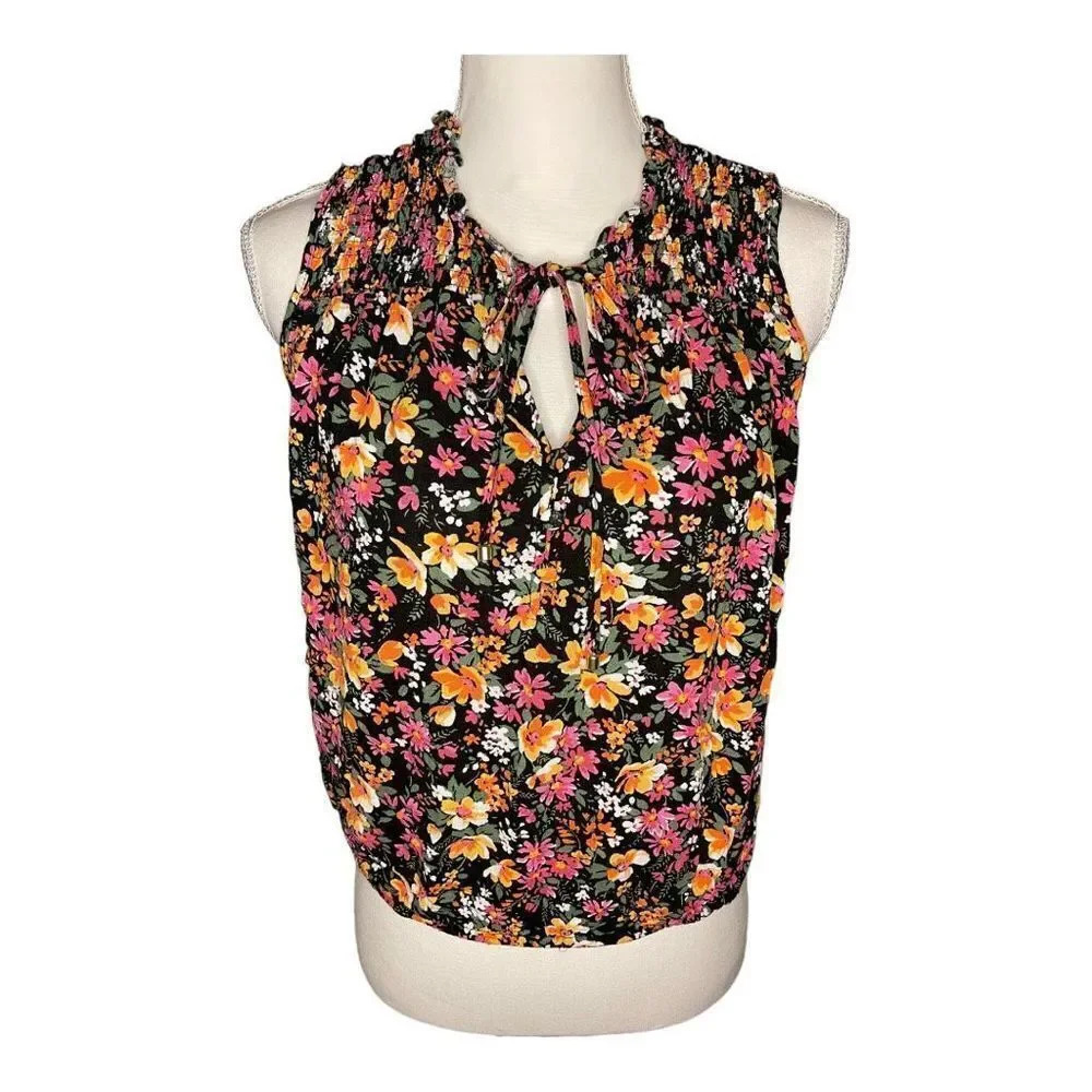 Rachel Zoe Women’s Medium Elastic Floral Sleeveless Black Pink & Orange Top